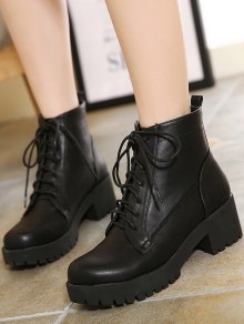 ... black lace-up chunky heel short boots ... HOUJNCV