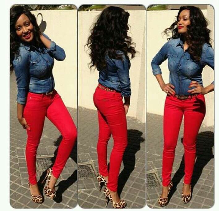 .denim shirt + red jeans + leopard heels- ❤️ DYLEZUD