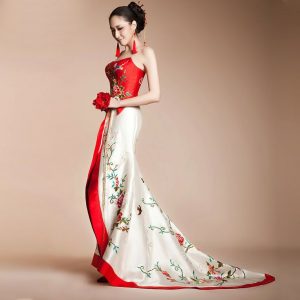 asian wedding dresses asian inspired red and white floral birds embroidered long halter bridal  wedding bridal dress LVTPVYN