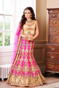 asian wedding dresses vermillion collection - fuscia pink 12 panel mermaid style wedding chaniya  with gold blouse ADQNOUF