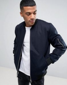 asos bomber jacket with sleeve zip in navy JJWPNJK