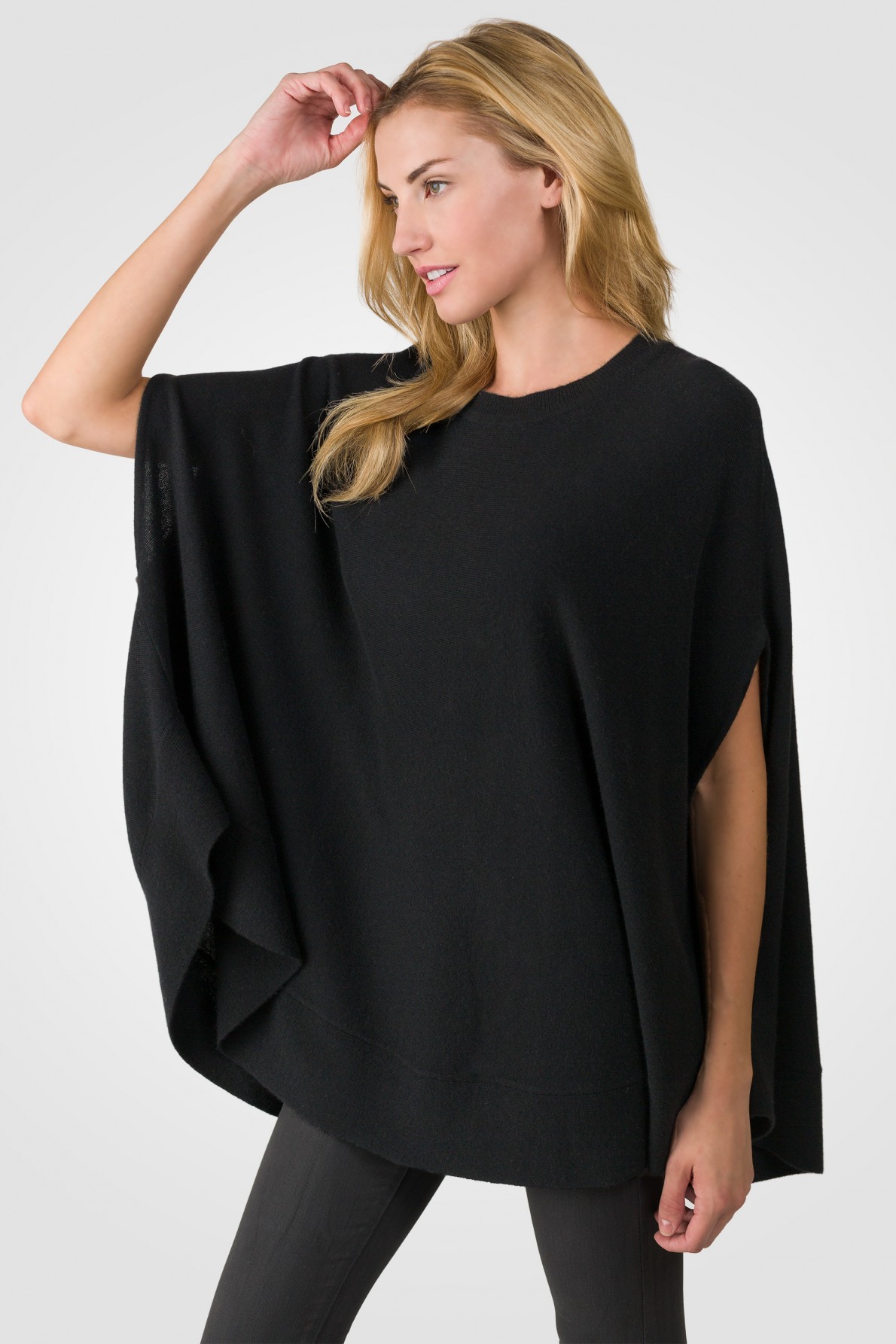 black cashmere oversized laid-back poncho sweater left side view MKAXILZ