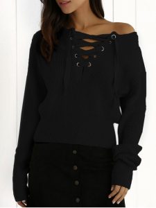 black jumper fancy ribbed lace up cropped jumper - black one size ETFLKFM