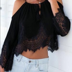 black lace tops black lace chiffon blouse WWZJYGN