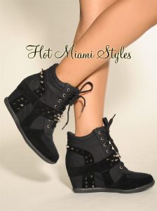 black silver spikes lace up hidden wedge sneaker boot FHUZZQH