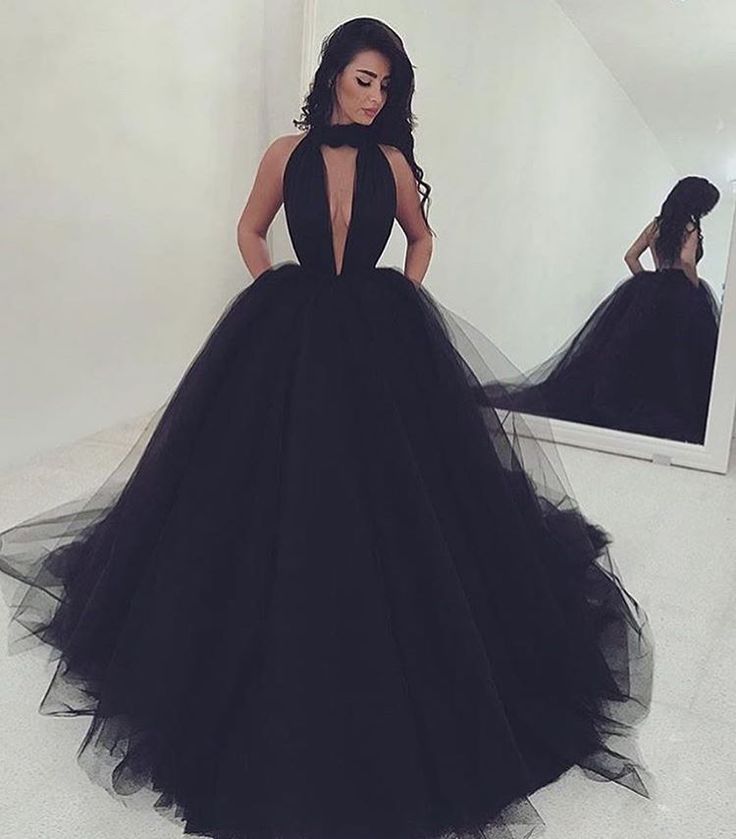 black wedding dresses sexy a-line high neck backless long black tulle prom dress with sweep train  from XKGQICM