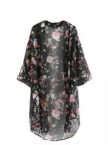 bluetime womenu0027s 3/4 sleeve floral high low chiffon kimono cardigan blouse  (m, black) SONDNNQ