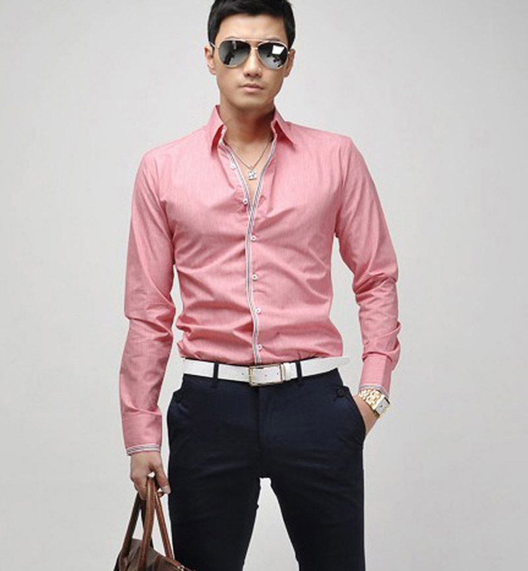 casual pink shirt for men mens-button-front-solid-tops-long-sleeve-slim- ADYIQVJ