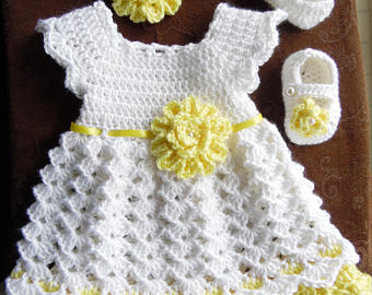 crochet baby dress set, white and yellow baby dress headband and shoe set,  baby XKYODFF