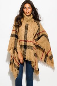 cute cheap camel beige giant checker plaid fuzzy boho knit poncho sweater  jacket tunic HJVNDFI