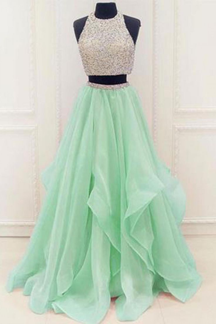 cute dresses green two pieces tulle round neck l EQXTZZS