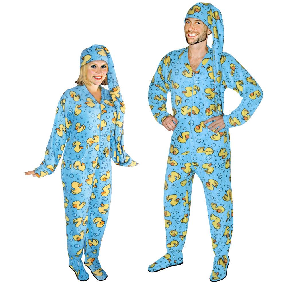 footie pajamas rubber ducks footed pajamas for adults with drop seat and long night cap,  pajama EICDCQW