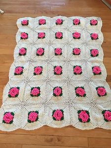 handmade afghan blanket crochet 3d rose granny square white green pink ZSICAYE