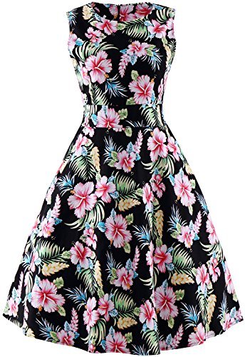hawaiian dress womenu0027s sleeveless vintage rockabilly swing hawaiian floral print dress,  black, usa 12 (tag xl) ABMCPMR