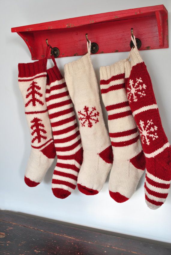 knitted christmas stockings red with white snowflakes for mck ~ hand knit christmas stocking  traditional red by FHHKCZZ
