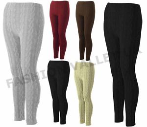 Knitted Leggings womens chunky cable knitted thick leggings plus size stretchy trouser pants  8-16 VXQASZJ
