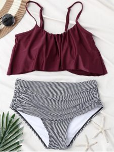 ladies stripe panel high waisted bikini set - wine red l VNAKXLU