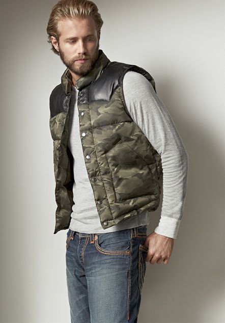 leather yoke nylon camo mens puffer vest - mens shop the look - true MJXTGIM