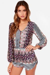 long sleeve romper - navy blue romper - paisley romper - $48.00 ROBIDZM