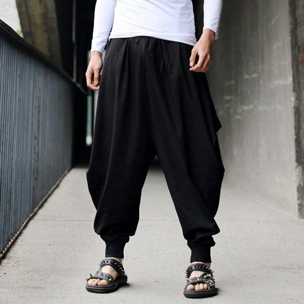 mens harem pants stylish lace-up solid color loose fit narrow feet menu0027s cotton+linen harem  pants EKHJWIS