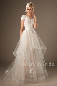 modest wedding dresses with layered horsehair skirt and floral lace, the  claralise at latterdaybride TZLSHLL