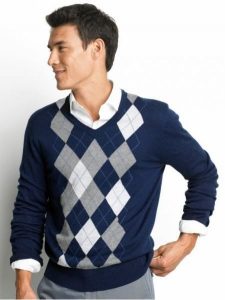 navy argyle sweater, white shirt, grey pants QNWJBTM