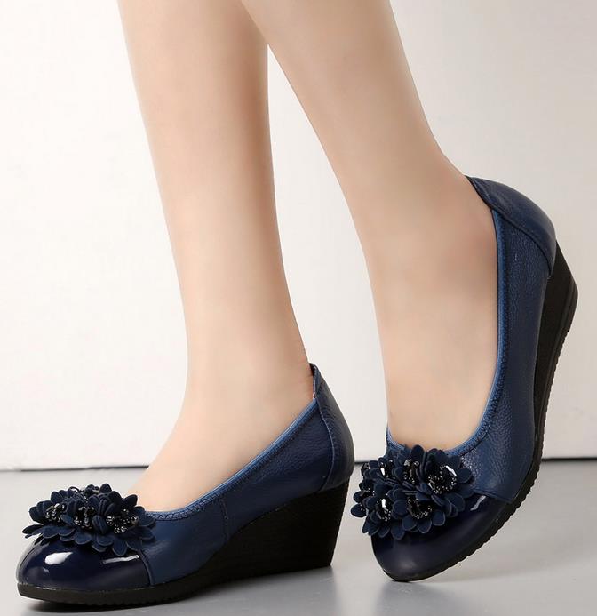 navy blue shoes spring beaded leather slope with women shoes comfortable soft-soled shoes  round toe black, navy GMJPPKI