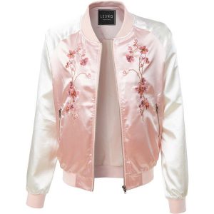 pink jacket le3no womens lightweight satin floral embroidery zip up bomber jacket ($25)  ❤ liked on IYNZXQS