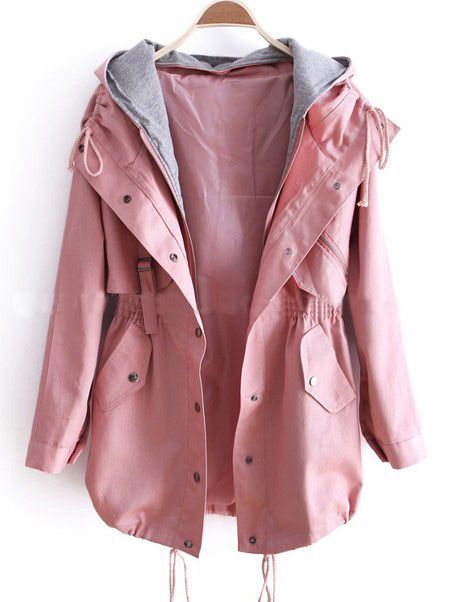 pink jacket pink removable hooded long sleeve drawstring trench coat KEKUBHI