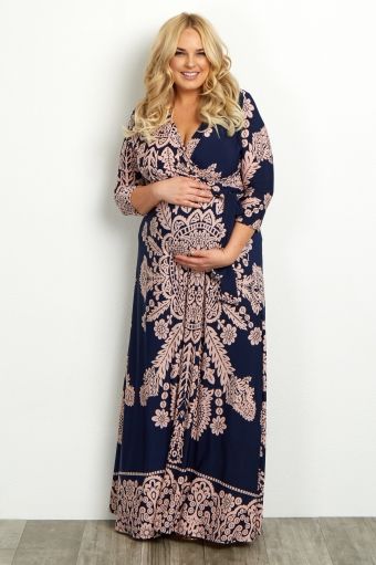 plus size maternity clothes navy print sash tie plus size maternity/nursing maxi dress KTXJYWW