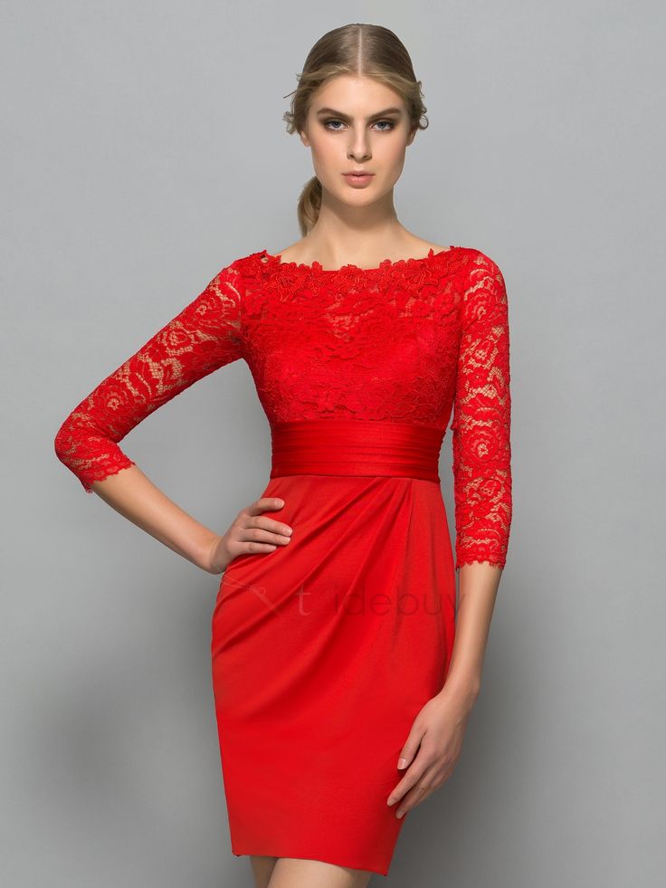 red cocktail dress classy bateau neck 3/4 length sleeve red lace cocktail dress YQCZFKF