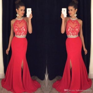 red prom dress cheap long red prom dresses mermaid 2017 high neck appliques beaded prom  dress with USEJZER