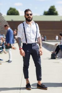 suspenders for men menu0027s white long sleeve shirt, navy chinos, black suede tassel loafers,  dark brown sunglasses TCGFIEE