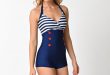 vintage bathing suits vintage inspired retro swimsuits vintage style navy white nautical stripe  halter romper swimsuit $76.00 UTXVQKR