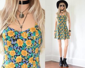 vintage clothing 90s floral dress 90s grunge sunflower dress floral mini dress rayon dress  90s dress VFUTKKG