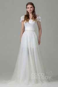 wedding dresses with sleeves fashion sheath-column square natural court train tulle and lace ivory cap  sleeve zipper wedding YXZLXMP