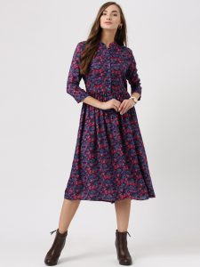 western wear for women marie claire women blue floral print fit u0026 flare dress FPFTJFS