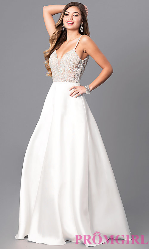 white prom dresses image of off-white long a-line prom dress with beaded bodice. style XQRKDZF