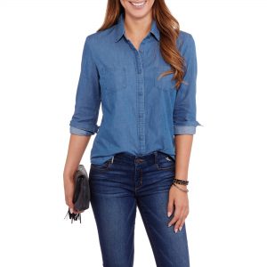 womens denim shirt faded glory womenu0027s button front denim shirt - walmart.com ICTHRUB