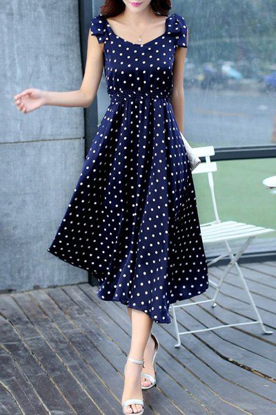 womens dresses sweet sleeveless scoop neck bowknot design polka dot dress for women PHJLQQV