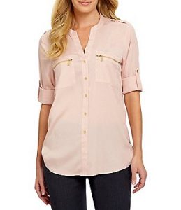 womens tops calvin klein zip-pocket roll tab blouse LUBIEIN