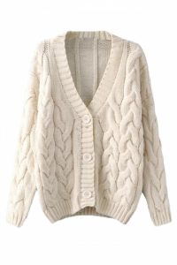 Beige White Warm Womens Cable Knit Vintage Plain Cardigan Sweater