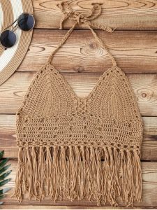 2019 Fringe Crochet Bikini Top In DARK KHAKI ONE SIZE | ZAFUL