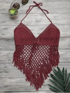 2019 Tassels Halterneck Crochet Bikini Top In BURGUNDY ONE SIZE | ZAFUL