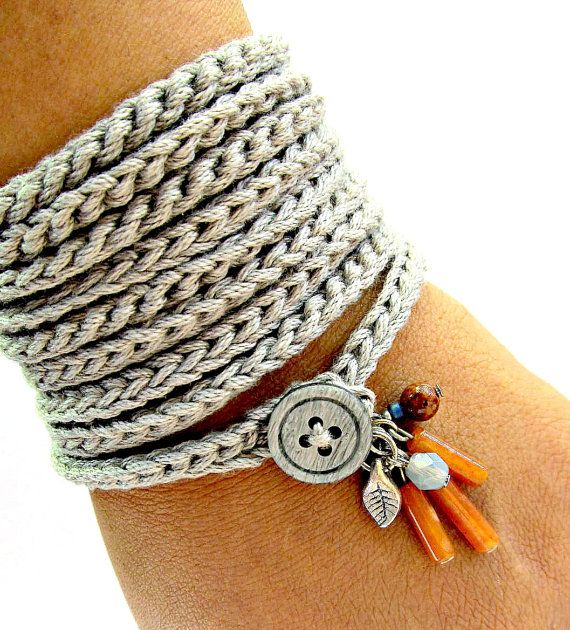 Crochet bracelet with charms, wrap bracelet, silver grey, cuff