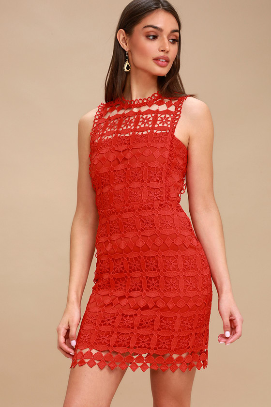 Chic Red Dress - Crochet Lace Dress - Sheath Dress
