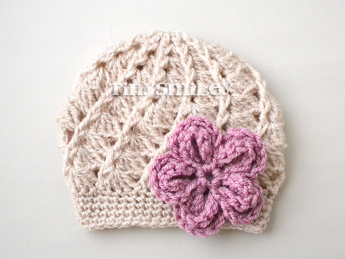 Baby Girl Crochet Hat, Beige Baby Girl Hat, by TinySmiley on Zibbet