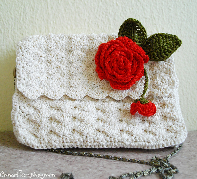 Ravelry: Ecru crochet purse with rose embellishment pattern by