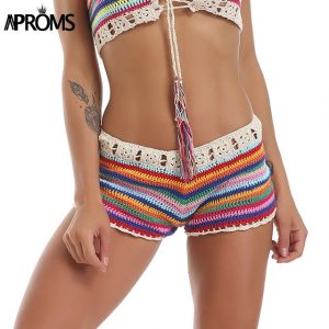 Aproms Mixed Colorful Stripe Knitted Crochet Shorts Women Fashion