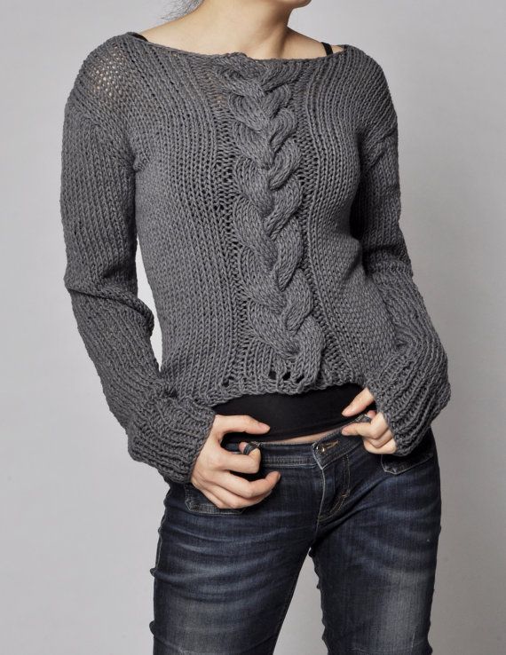 Hand knitted sweater - Charcoal sweater cable pattern cotton sweater